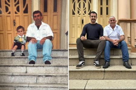 Antes x Depois de Daniel Cabral e o pai João Batista Cabral, na escada da UFV • Arquivo/ Imagens cedidas à Itatiaia