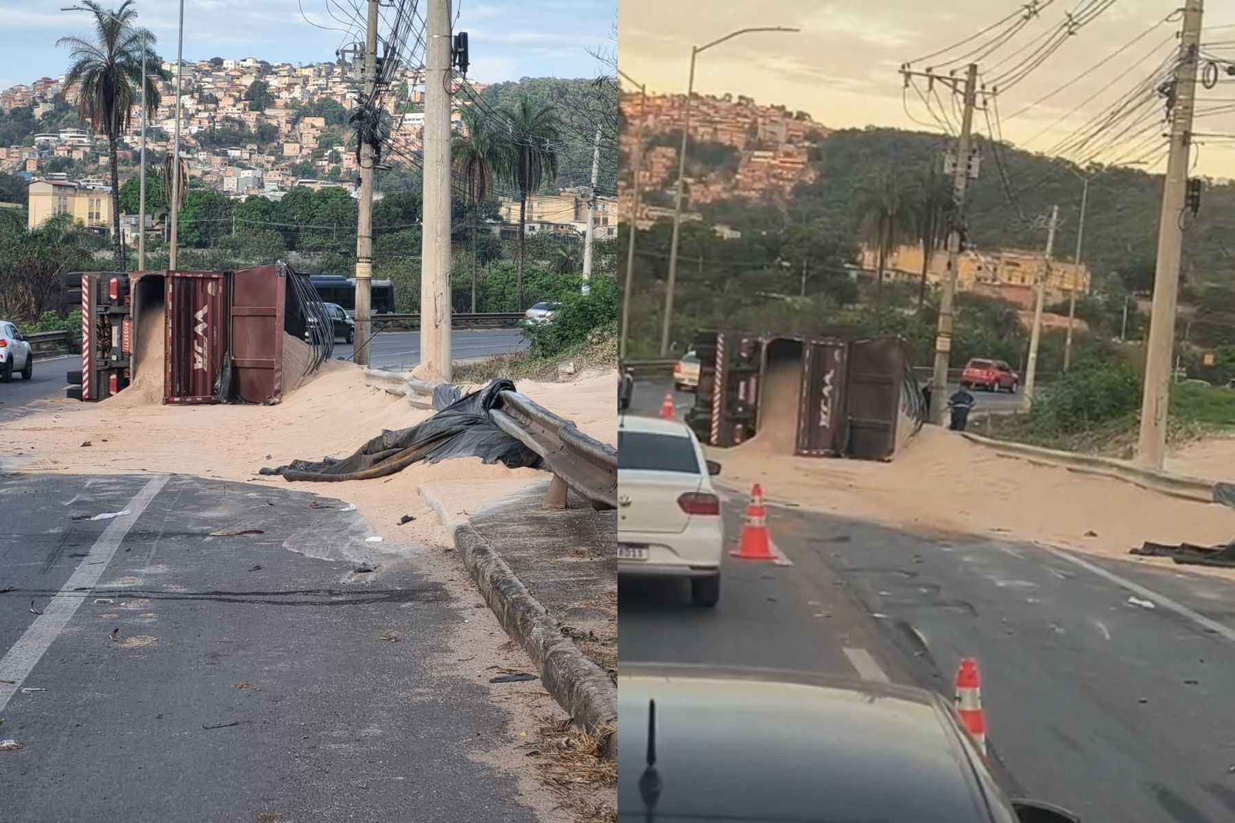MG-020: carreta carregada com farelo de trigo tomba e deixa dois feridos em BH