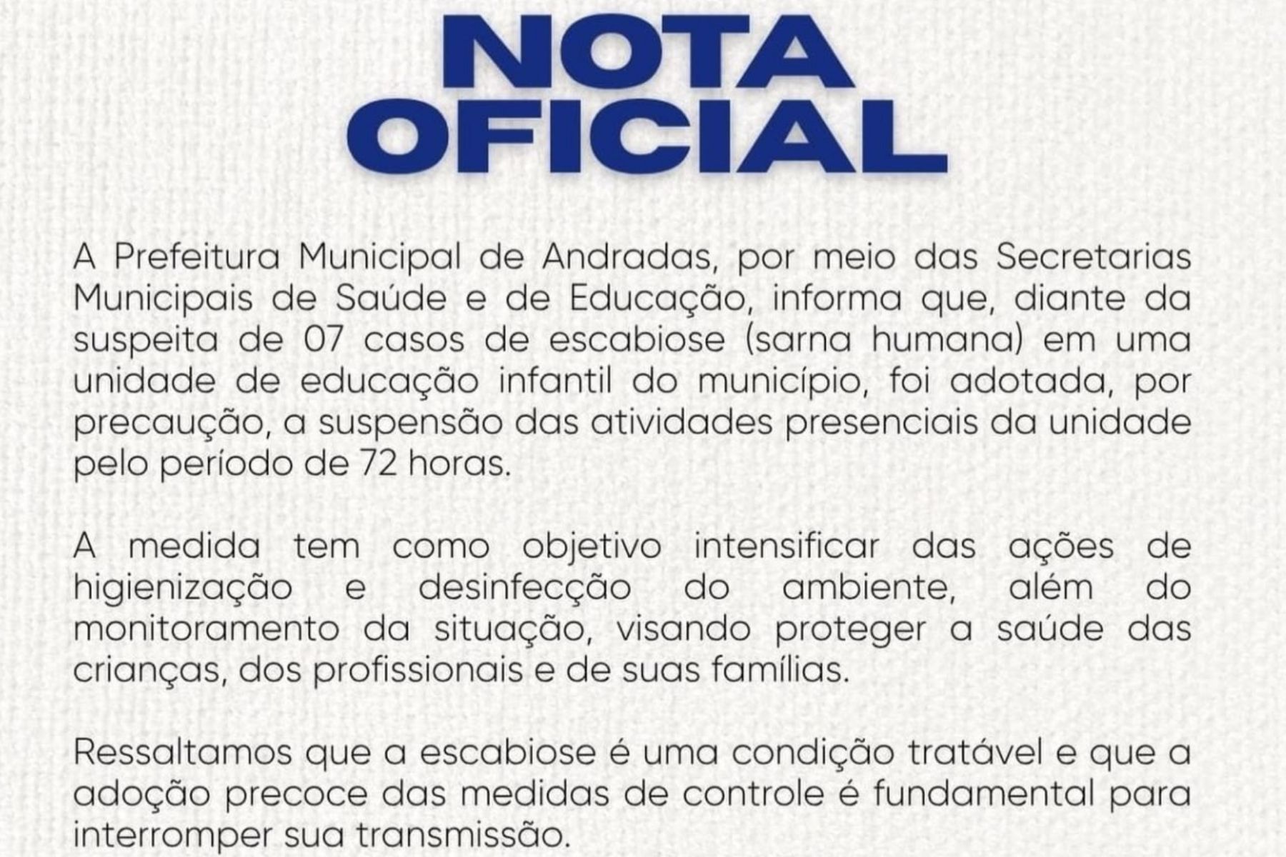 Creche no Sul de Minas tem aulas suspensas por suspeita de casos de sarna humana