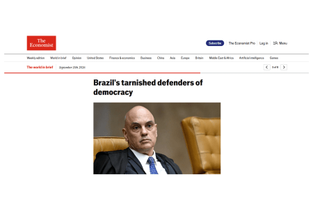 "Os defensores da democracia no Brasil com a imagem manchada". • Reprodução/The Economist