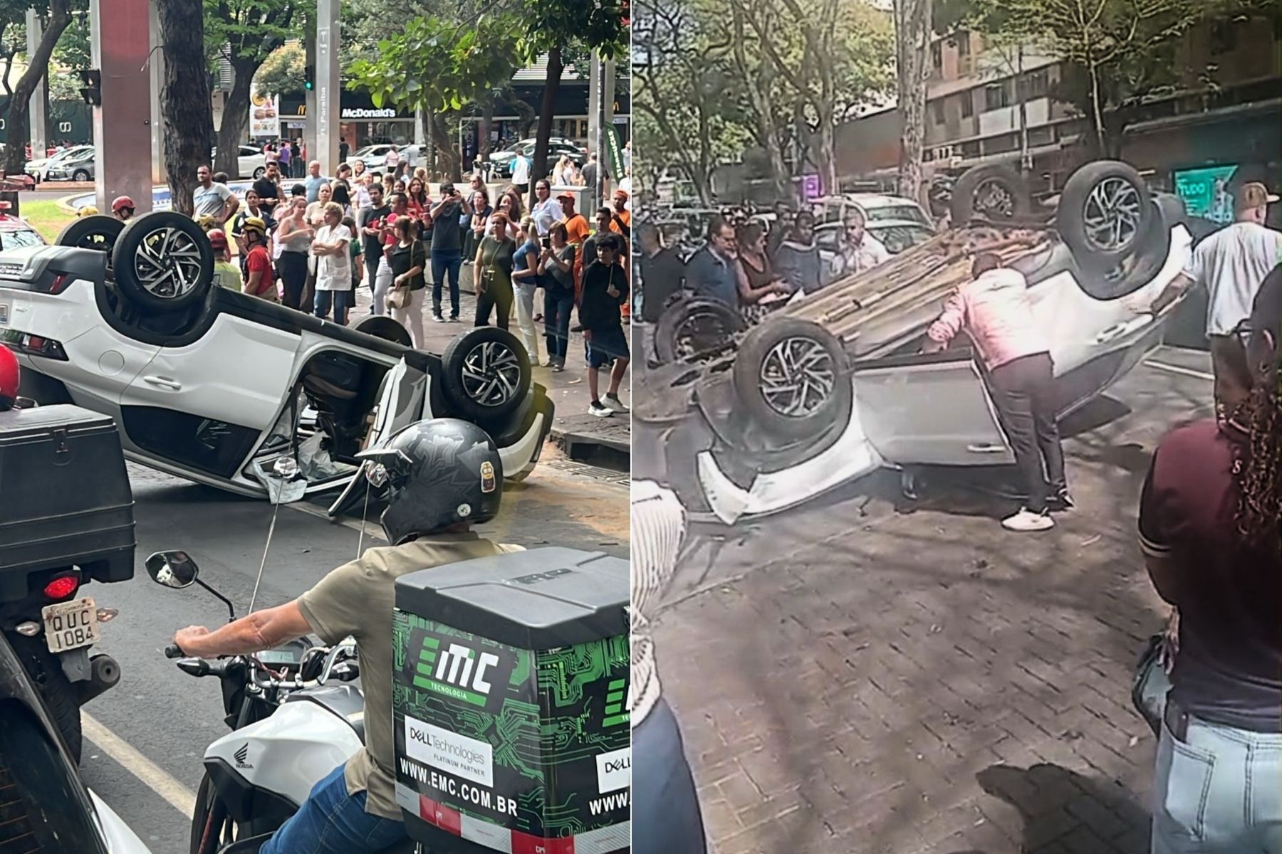 Vídeo: carro capota na Praça da Savassi e duas pessoas ficam feridas nesta terça (1º)