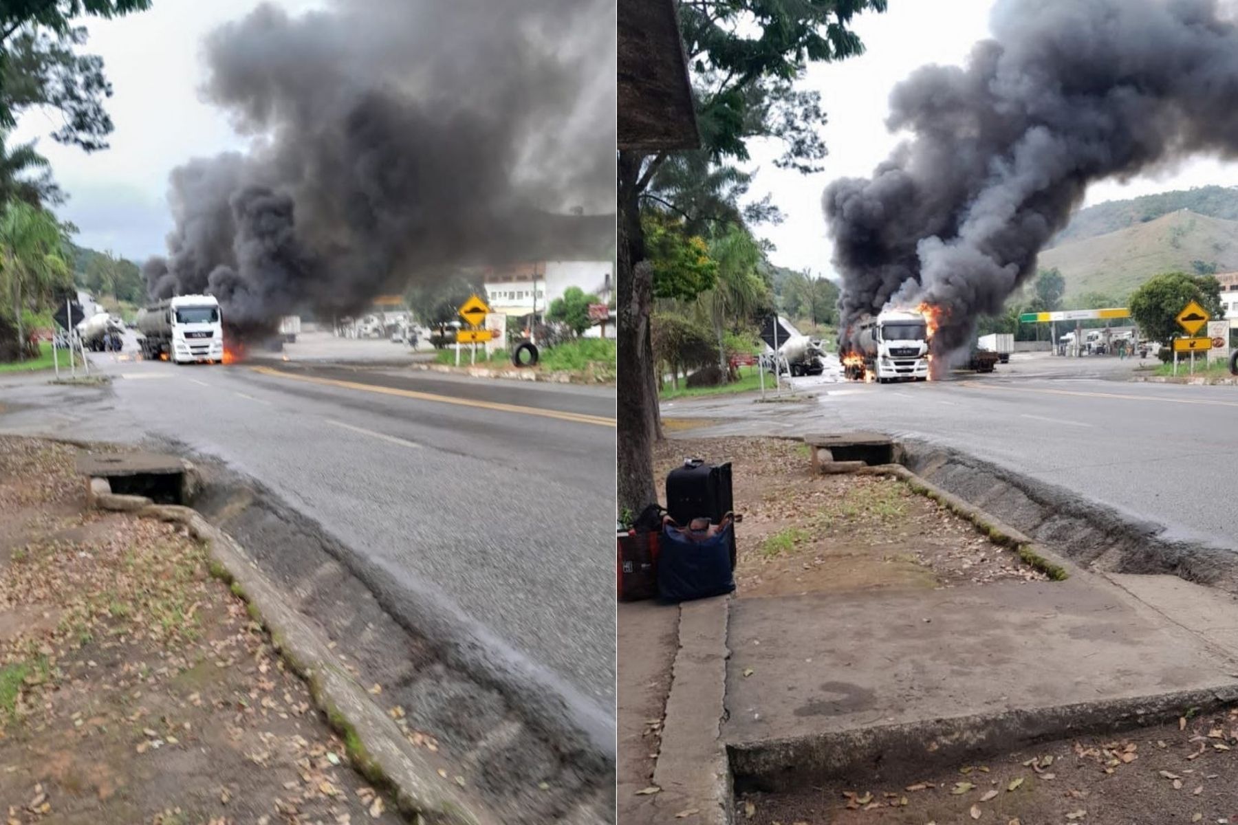 Caminhão-tanque pega fogo após bater em betoneira na BR-262