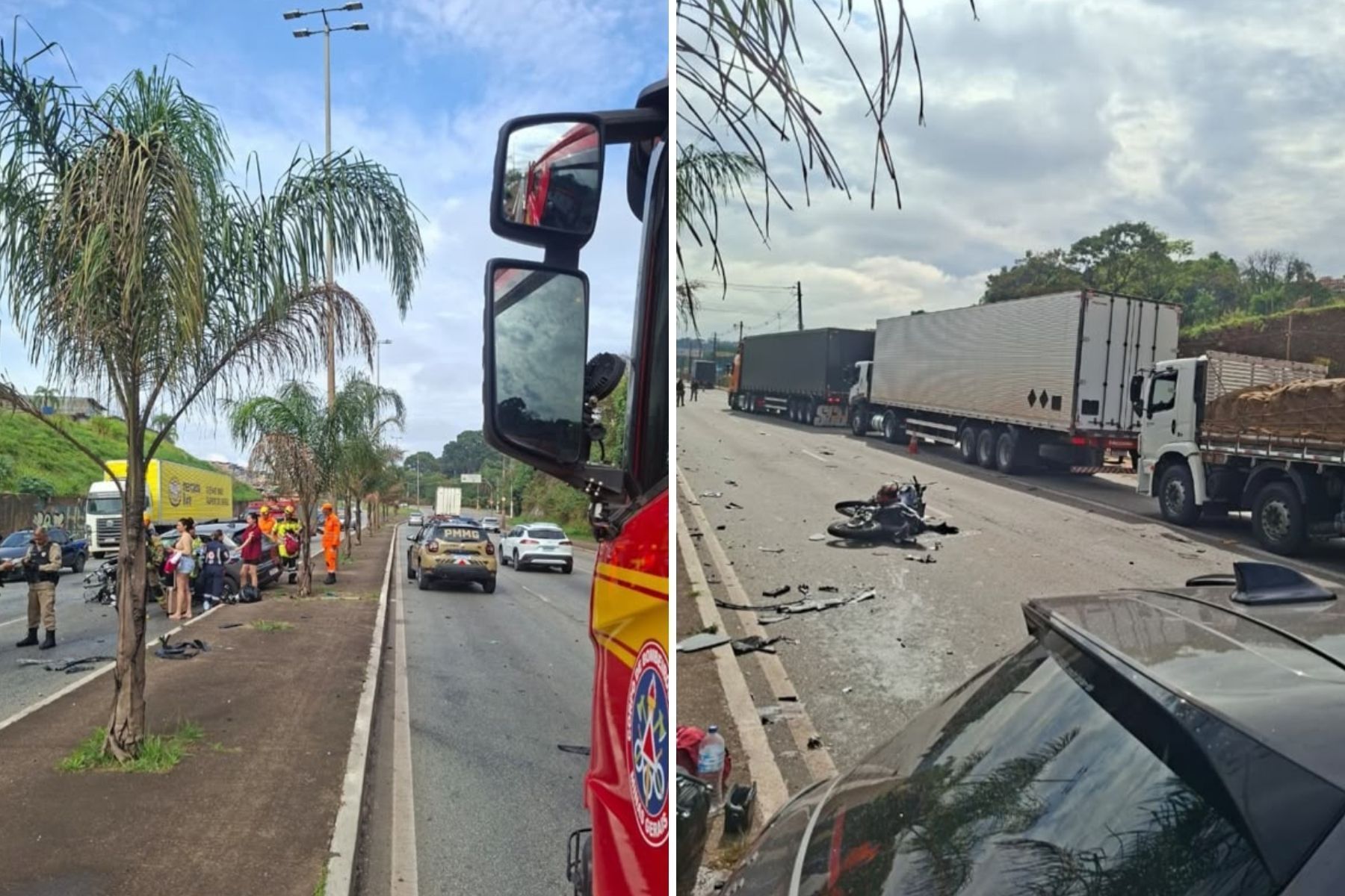 Acidente entre carro, moto e carreta deixa quatro feridos na Via Expressa, em Contagem