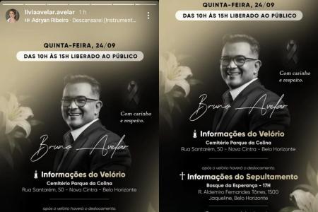 Informações do velório de Bruno Avelar • Reprodução | Redes Sociais