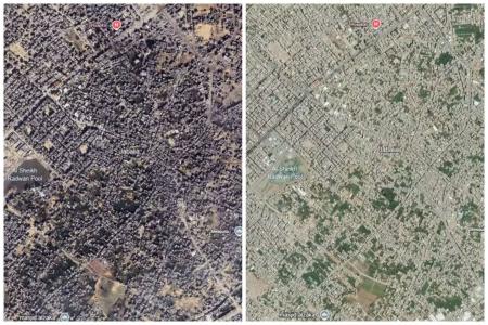 Imagens de satélite mostram Jabalia, na Faixa de Gaza, em agosto de 2023 (antes da guerra) e em fevereiro de 2026 (pós-guerra) • Reprodução/Google Earth