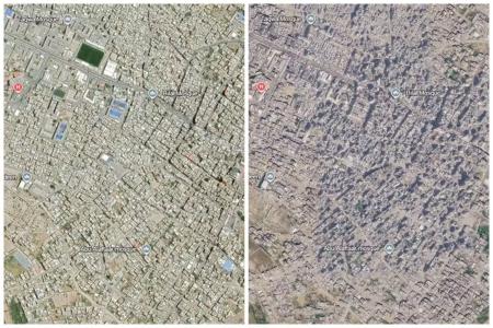 Imagens de satélite mostram a cidade de Khan Yunis, na Faixa de Gaza, em agosto de 2023 (antes da guerra) e em fevereiro de 2026 (pós-guerra) • Reprodução/Google Earth