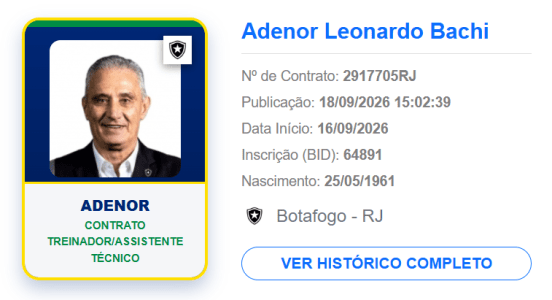 Tite foi regularizado pelo Botafogo na tarde desta sexta-feira