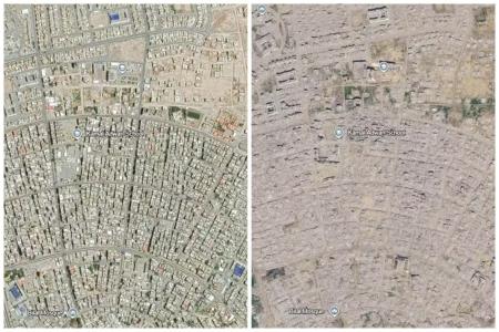 Imagens de satélite mostram o bairro de Tal as-Sultan, no norte da cidade de Rafah, na Faixa de Gaza, em agosto de 2023 (antes da guerra) e em fevereiro de 2026 (pós-guerra) • Reprodução/Google Earth