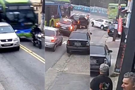 Vídeo ônibus bate em veículos e muro de escola após perder freio em SP