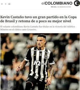 Publicação do El Colombiano sobre Kevin Castaño, do Atlético • Reprodução / El Colombiano