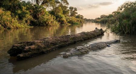 Uma fotografia em um rio sereno ao pôr do sol, mostrando um grande tronco de madeira à esquerda e um crocodilo de corpo inteiro nadando paralelamente a ele à direita. Ambos estão parcialmente submersos na água turva. A margem do rio é densa com vegetação tropical, juncos e papiros. O céu reflete tons quentes de laranja e dourado. A imagem enfatiza a proximidade, mas a distinção clara entre o objeto inanimado e o animal vivo, capturando a essência da metáfora visual. A perspectiva está ao nível da água.