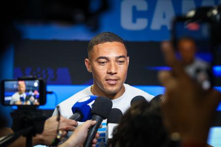 Carlos Vinícius, atacante do Grêmio, em entrevista coletiva na Arena do Grêmio