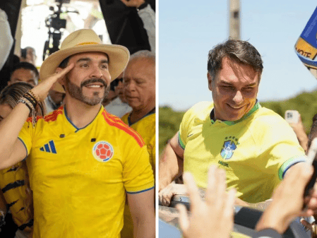 Abelardo De La Espriella (à esq.) e Flávio Bolsonaro (à dir.)