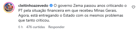 O comentário foi feito em uma postagem nas redes sociais. • Reprodução / Redes Sociais.