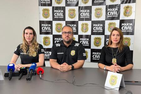 Delegada Ana Luiza Abreu, responsável pela investigação; delegado Guilherme Costa, chefe do Departamento de Família, e delegada Larissa Mascotte, chefe da Divisão Especializada em Atendimento à Mulher de BH • Divulgação/ PCMG