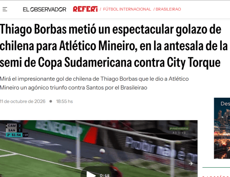 Matéria do jornal El Observador, do Uruguai, sobre Thiago Borbas, atacante do Atlético • Reprodução / El Observador