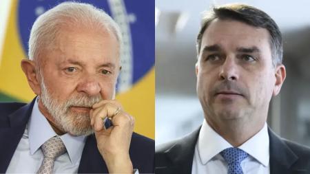 O presidente Lula, à esquerda, e o senador Flávio Bolsonaro, à direita