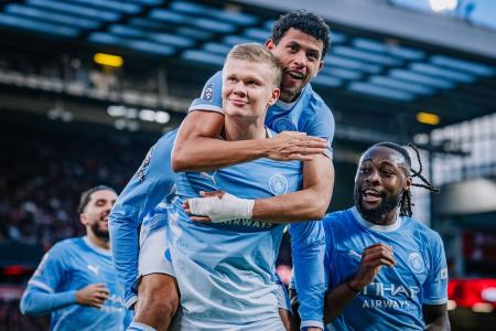 Haaland abre o placar para o Manchester City contra o Liverpool • Divulgação/X Manchester City