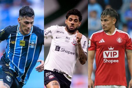 Pavón (à dir.), do Grêmio, Yuri Alberto (centro), do Corinthians, e Bernabei (à dir.), do Inter