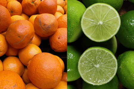Imagem dividida ao meio, com uma laranja de um lado e limões do outro.