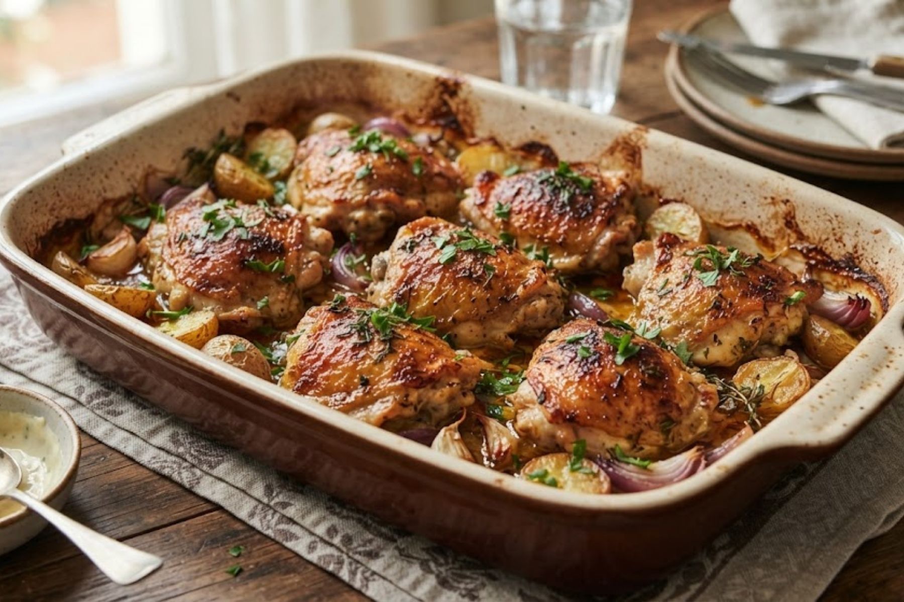 Sobrecoxa com batatas na maionese: o truque simples para deixar o frango dourado 
