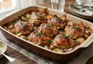 Sobrecoxa com batatas na maionese: o truque simples para deixar o frango dourado