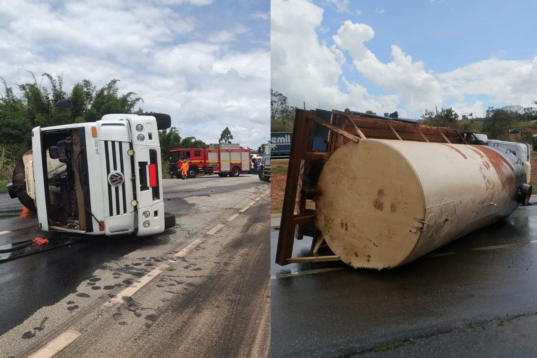 MG: caminhão tomba na BR-262 e derrama 15 mil litros de óleo vegetal