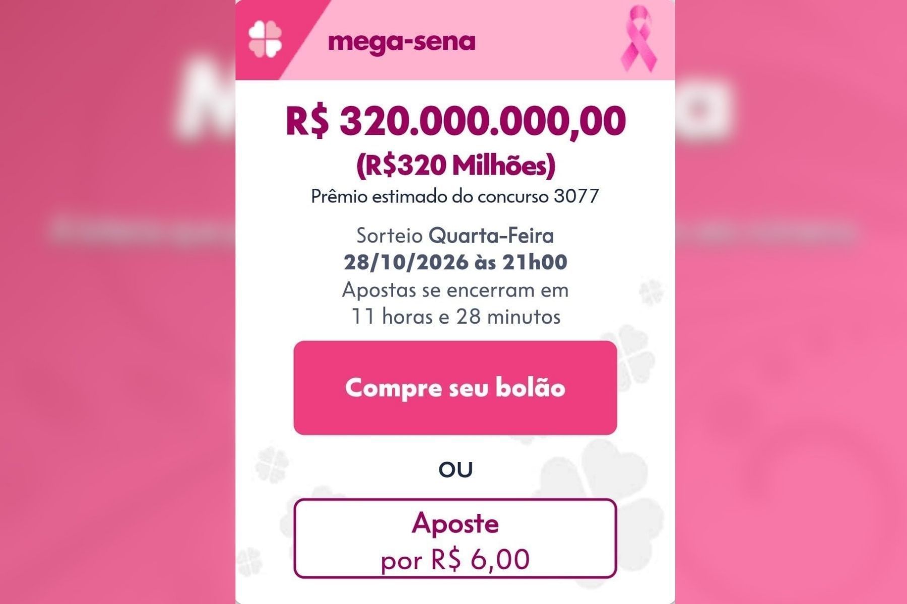 Mega-Sena de R$ 320 milhões: veja até quando apostar e o horário do sorteio