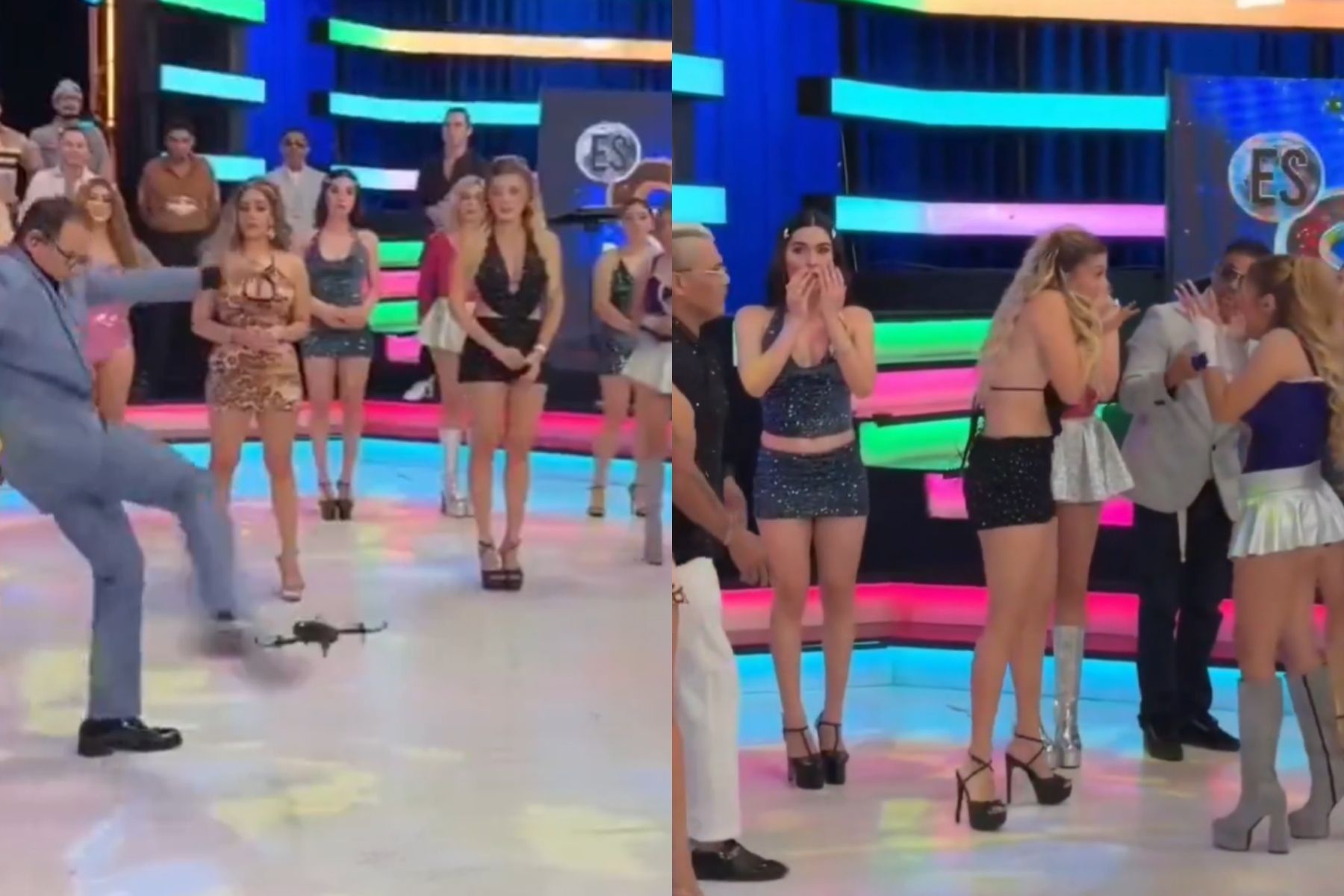 Apresentador de TV chuta drone e atinge rosto de modelo durante programa ao vivo; veja vídeo