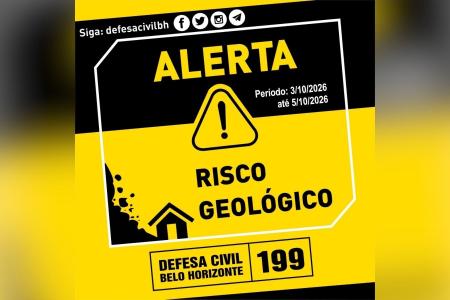 Defesa Civil emite alerta de risco geológico para três regiões de BH