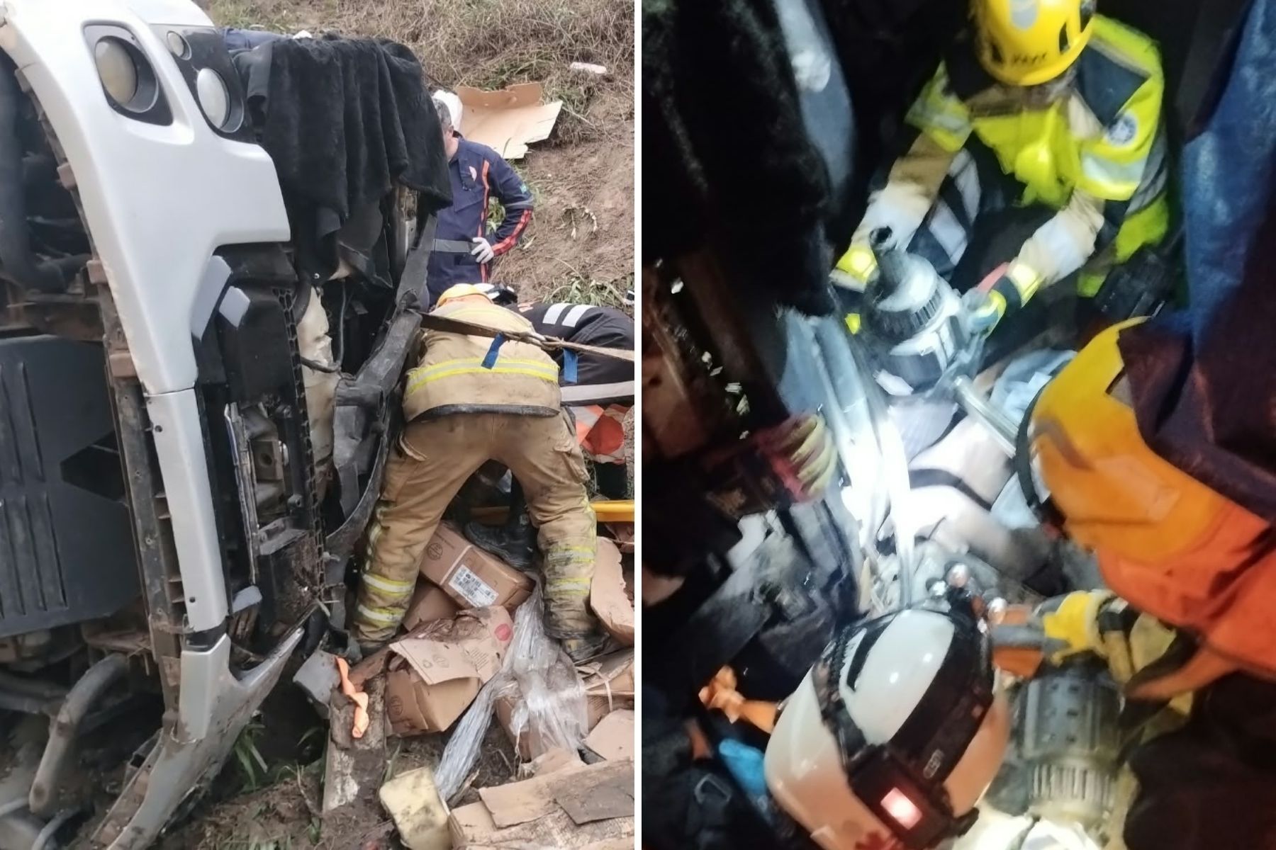 Caminhão tomba na BR-381, em MG, e motorista fica preso às ferragens