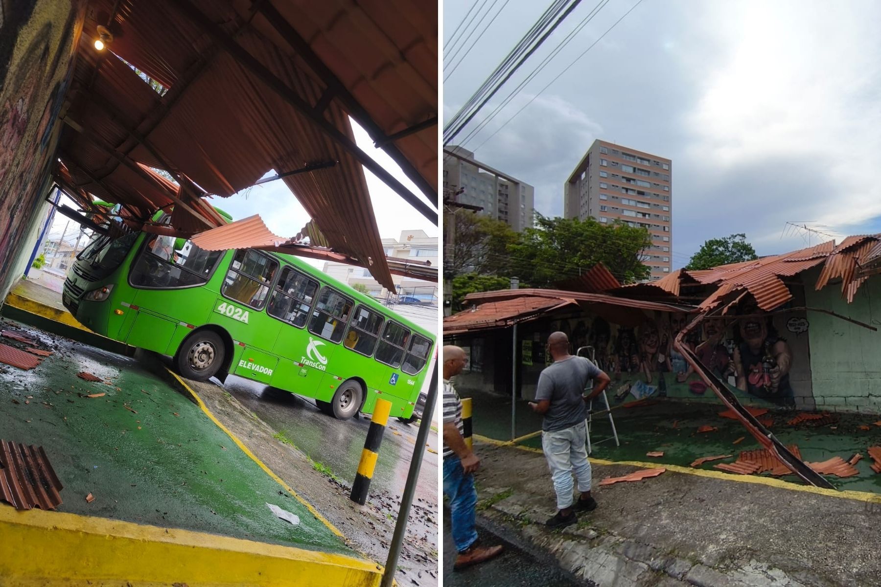 Motorista perde controle em pista molhada, e ônibus atinge bar em Contagem, na Grande BH