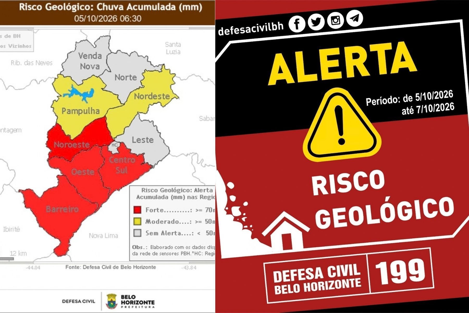 Defesa Civil emite alerta geológico para seis regiões de BH; confira quais
