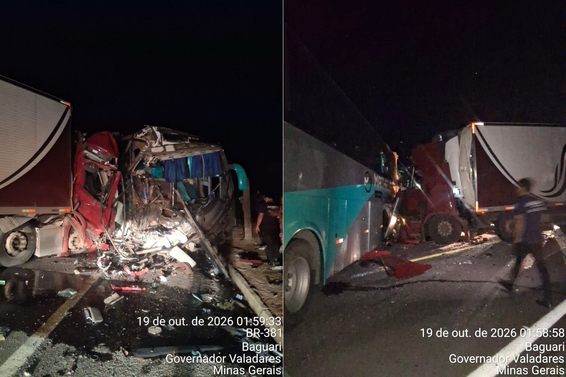 Acidente entre carreta e ônibus deixa 41 feridos e interdita BR-381, em Valadares