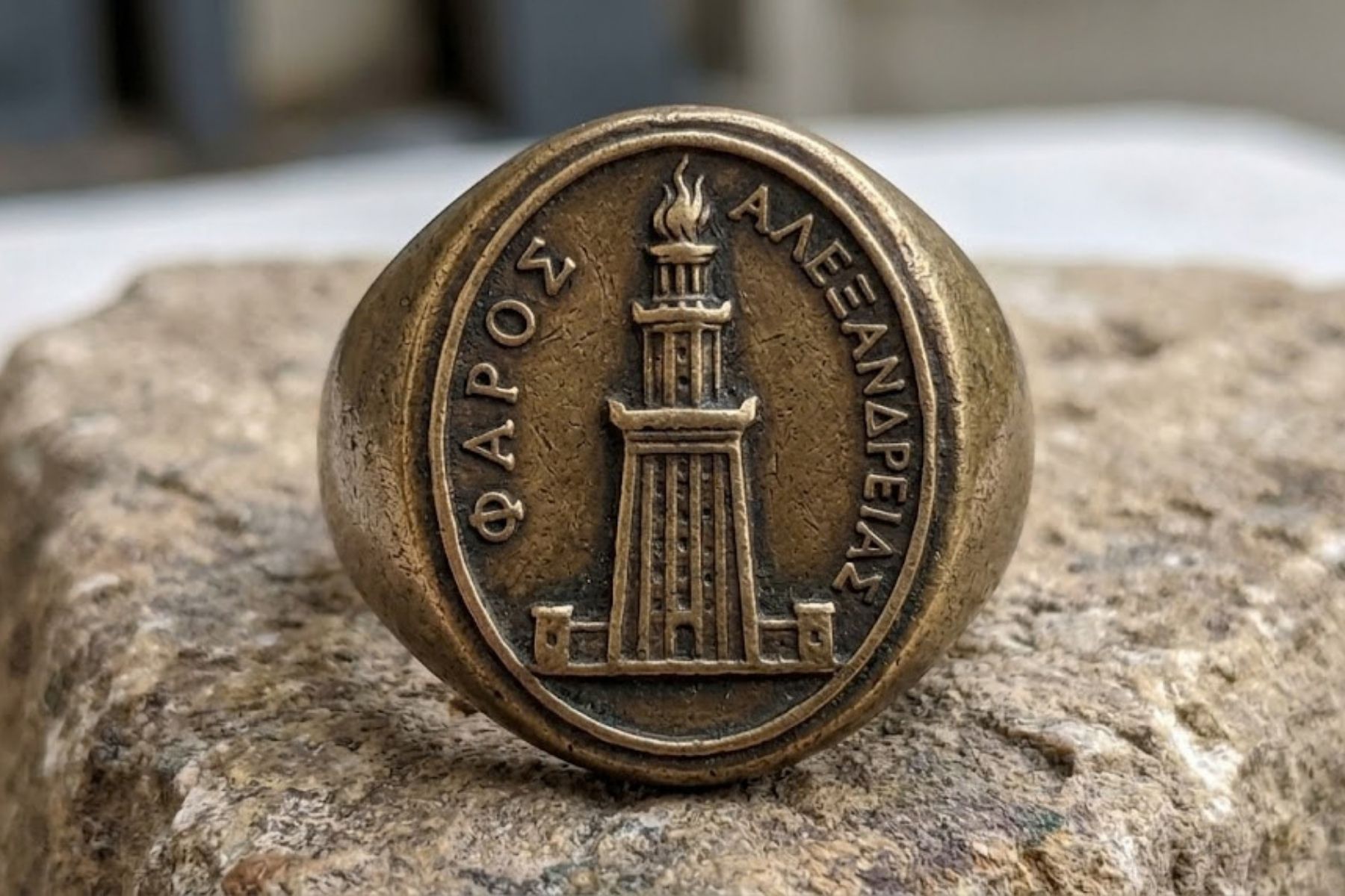 Anel de bronze com gravura do Farol de Alexandria é achado em palácio submerso