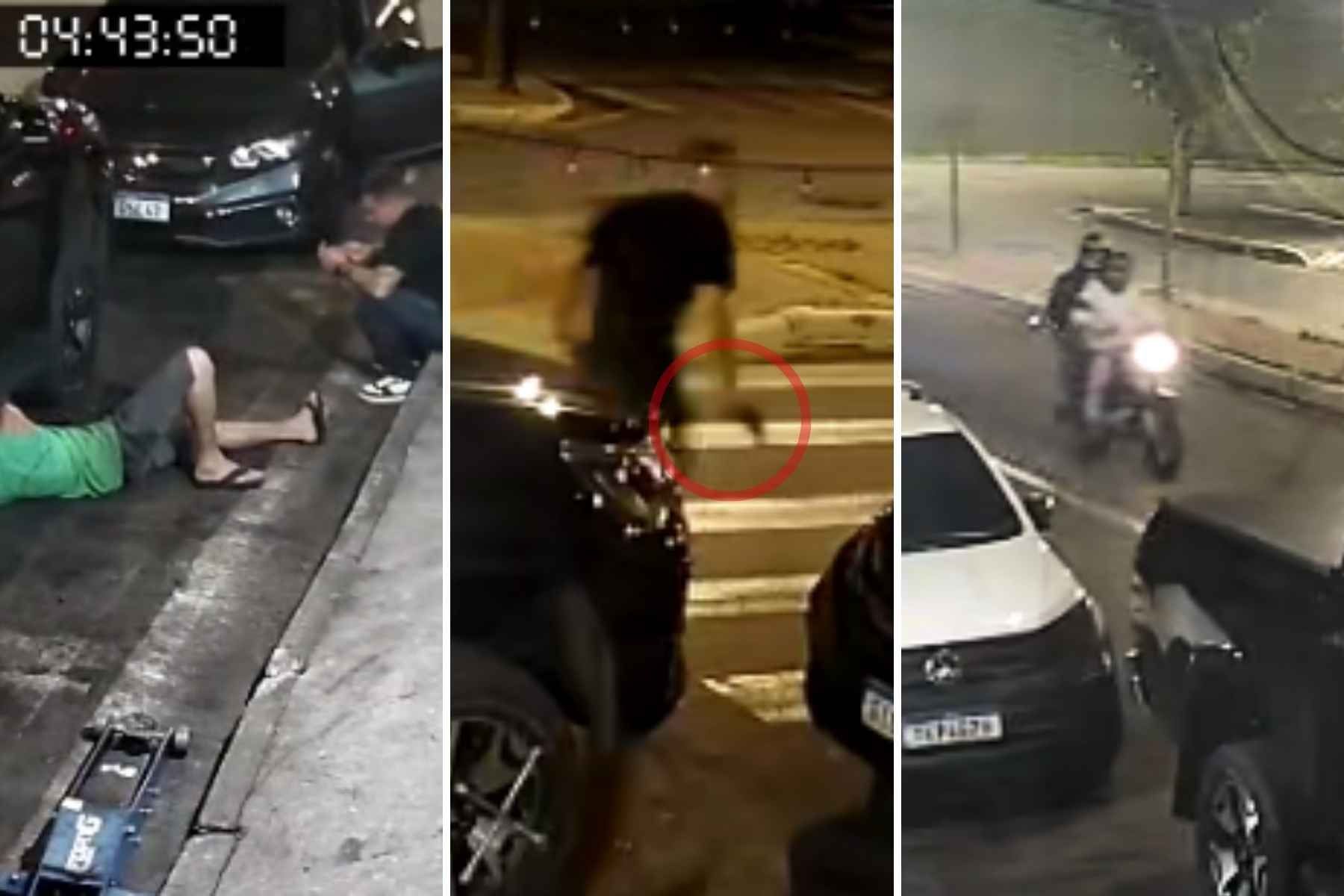 Vídeo mostra troca de tiros entre policial e dupla de moto em borracharia de Contagem