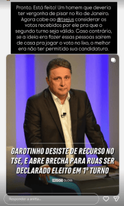 A cantora publicou uma sequência de storys criticando o senador Flávio Bolsonaro (PL), Garotinho (Republicanos) e saindo em defesa de Eduardo Paes (PSD). • Reprodução / Redes Sociais.