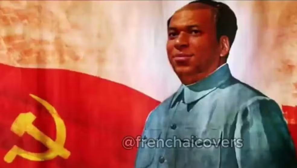 Meme que compara Mbappé com Mao Tsé-Tung • Reprodução / @frenchaicovers