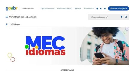 Captura de tela da página inicial da plataforma MEC Idiomas
