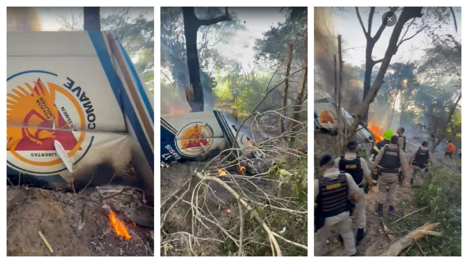 Imagens mostram destroços do avião da PM que caiu no Vale do Aço, em MG; três morreram