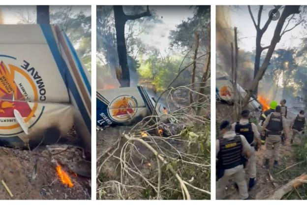 Imagens mostram destroços do avião da PM que caiu em MG; três morreram