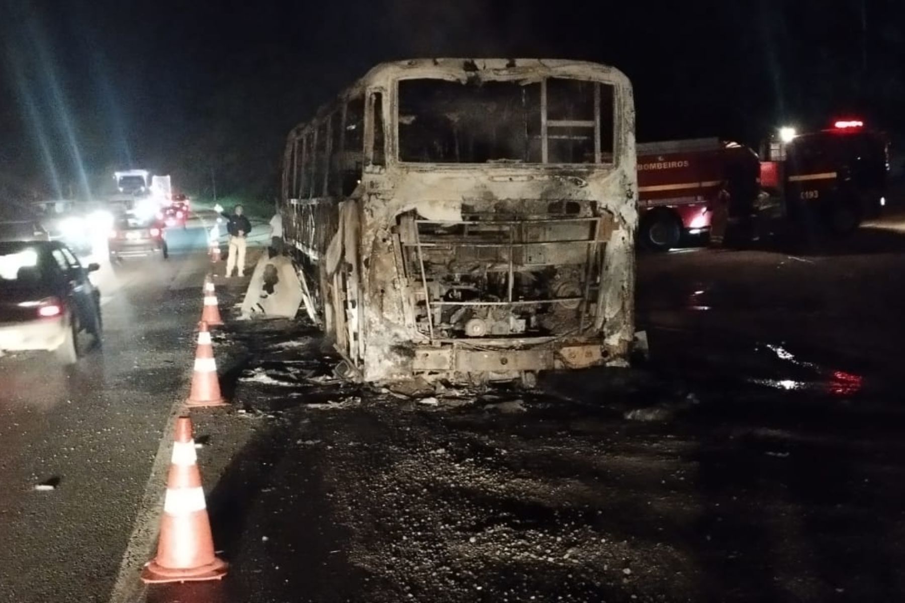 Ônibus de viagem pega fogo na BR-116 em Leopoldina, na Zona da Mata