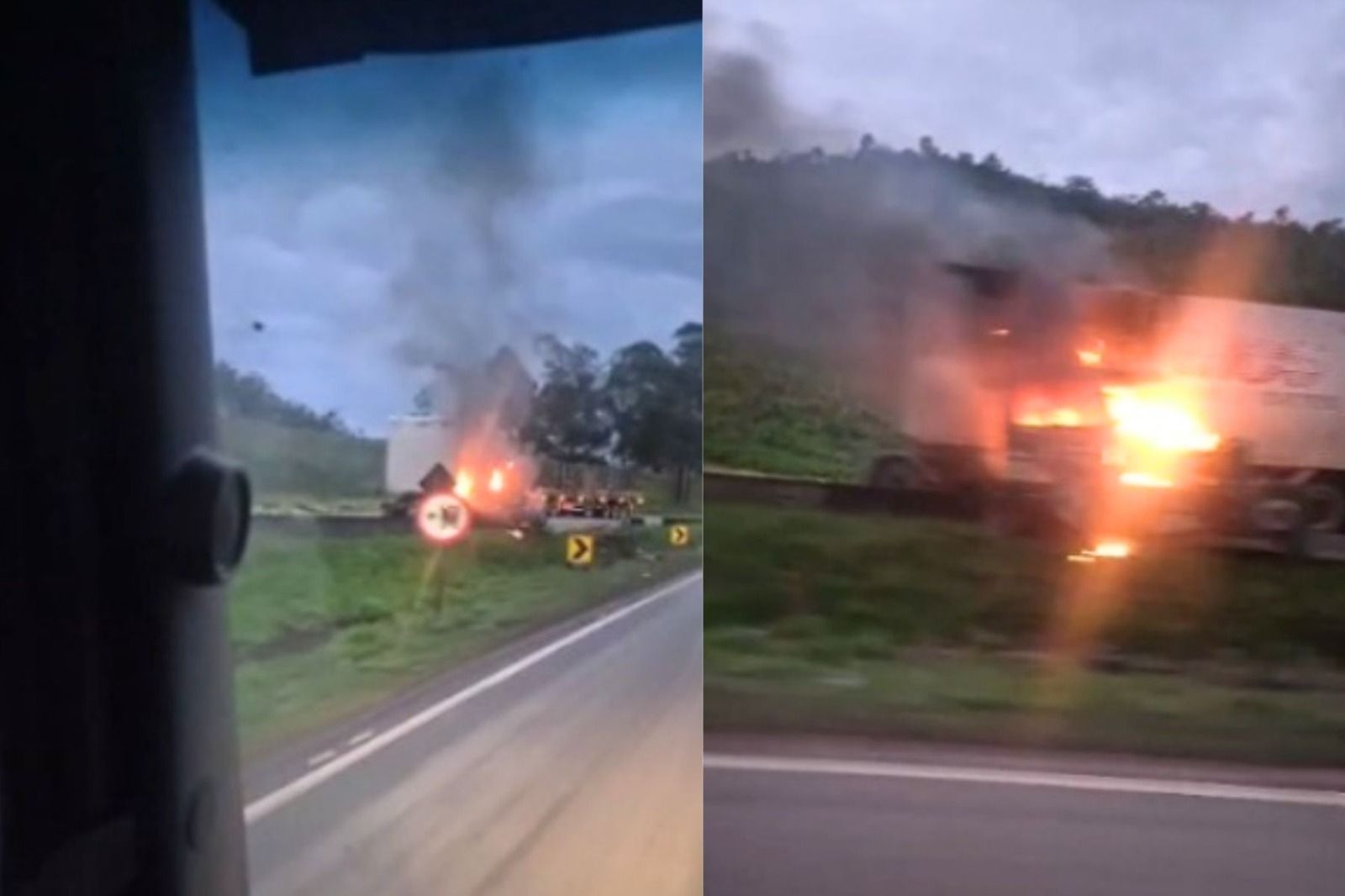 Carreta pega fogo após bater em barreira e fecha BR-381 na Grande BH