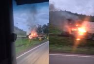 Carreta pega fogo após bater em barreira e fecha BR-381 na Grande BH