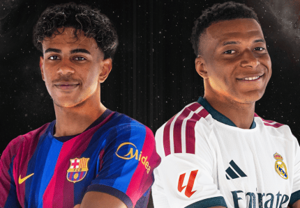 Lamine Yamal e Kylian Mbappé em foto de divulgação para Barcelona x Real Madrid