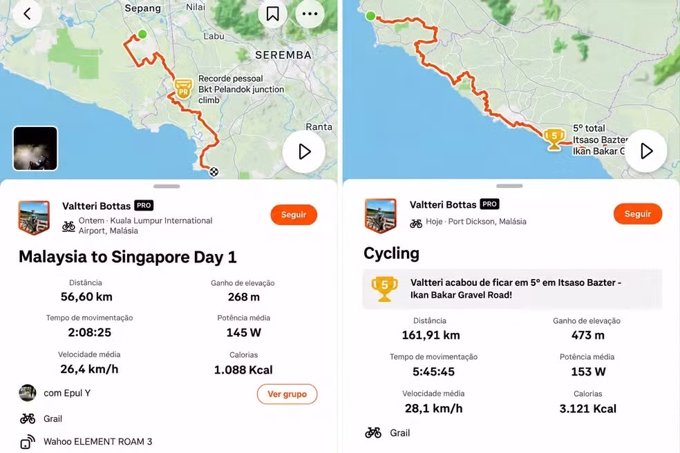 Comparativo de rotas de ciclismo no Strava do Valtteri Bottas • Reprodução/Redes Sociais/Valtteri Bottas