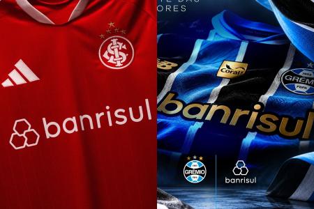 Camisas de Inter e Grêmio da temporada 2026 com a logo do Banrisul