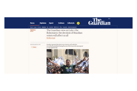 Reportagem do jornal The Guardian sobre as eleições no Brasil • Reprodução/The Guardian